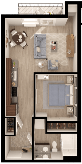 a floor plan of a bedroom with a bathroom and a living room